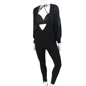 Fashion Nova Plunging Neckline Long Open Sleeve Pant Jumpsuit Women's Size S